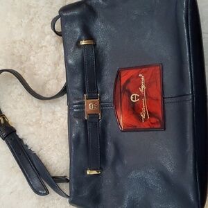Etienne Aigner Black Leather Shoulder Bag with Gold Accents Plus Pocket Mirror